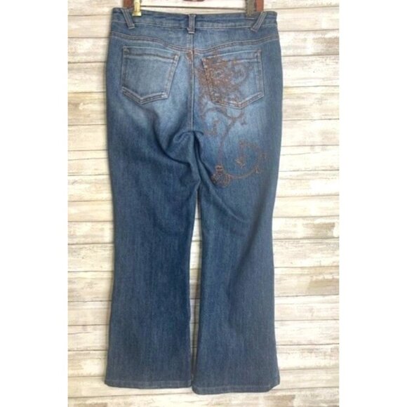 Cache Women's Bootcut Jeans Size 8 Blue Denim with Embroidered Floral Detail - Picture 2 of 8